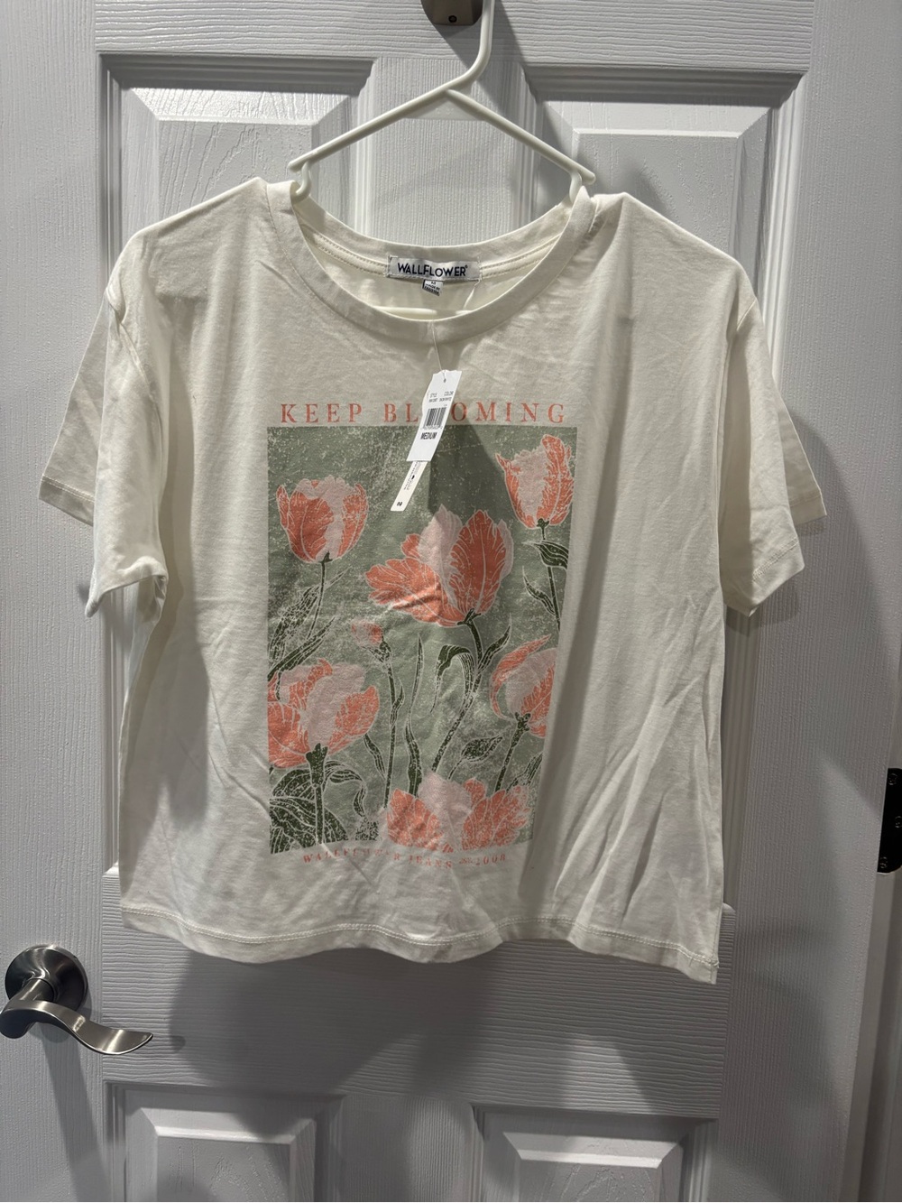 Wildflowers Cream Tee with Coral Floral Graphic and Green Panel